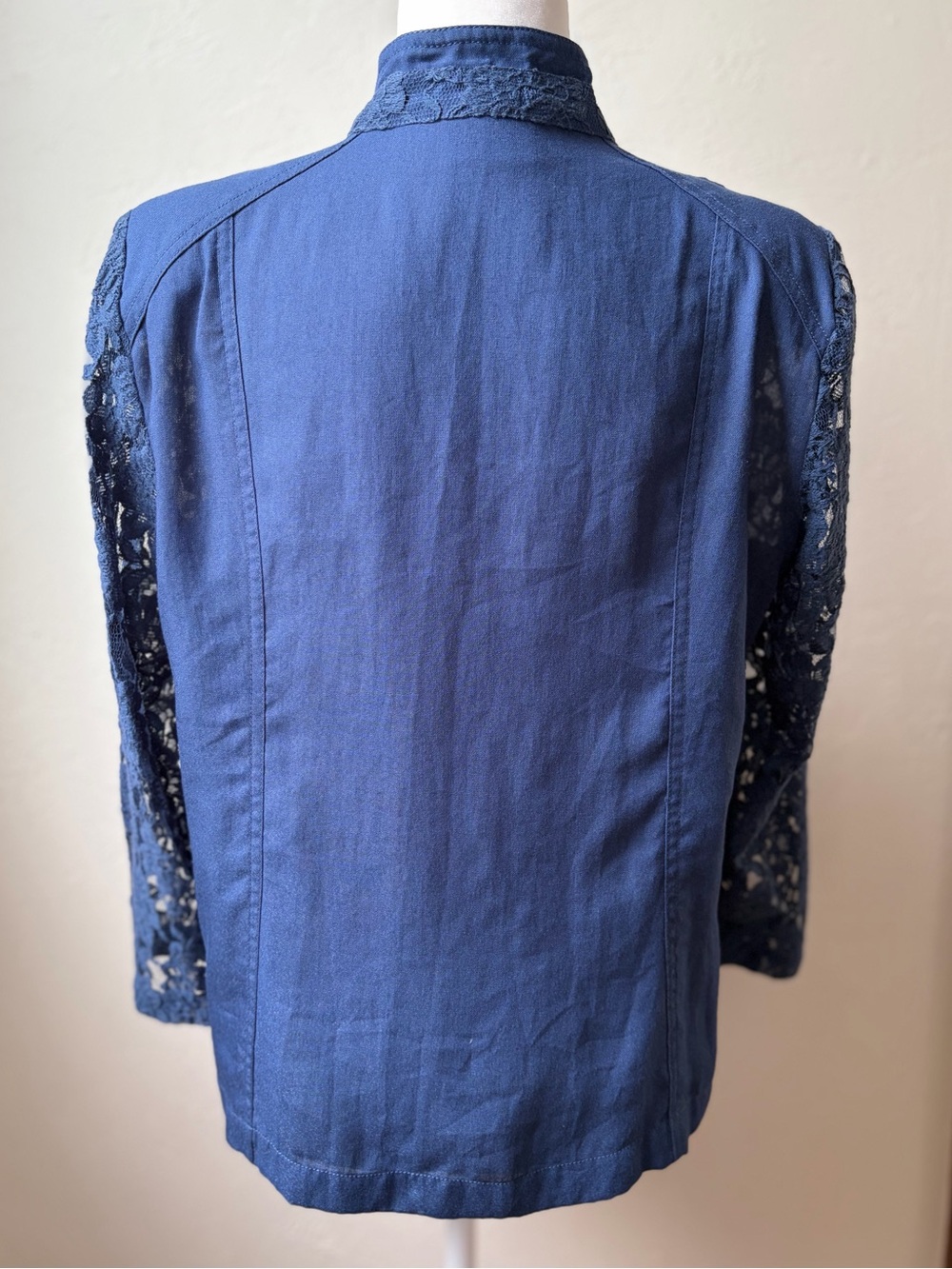 Chico’s Navy Floral Lace Open Front Blazer Jacket Moto Style Chicos 2 US 14 - Picture 10 of 13
